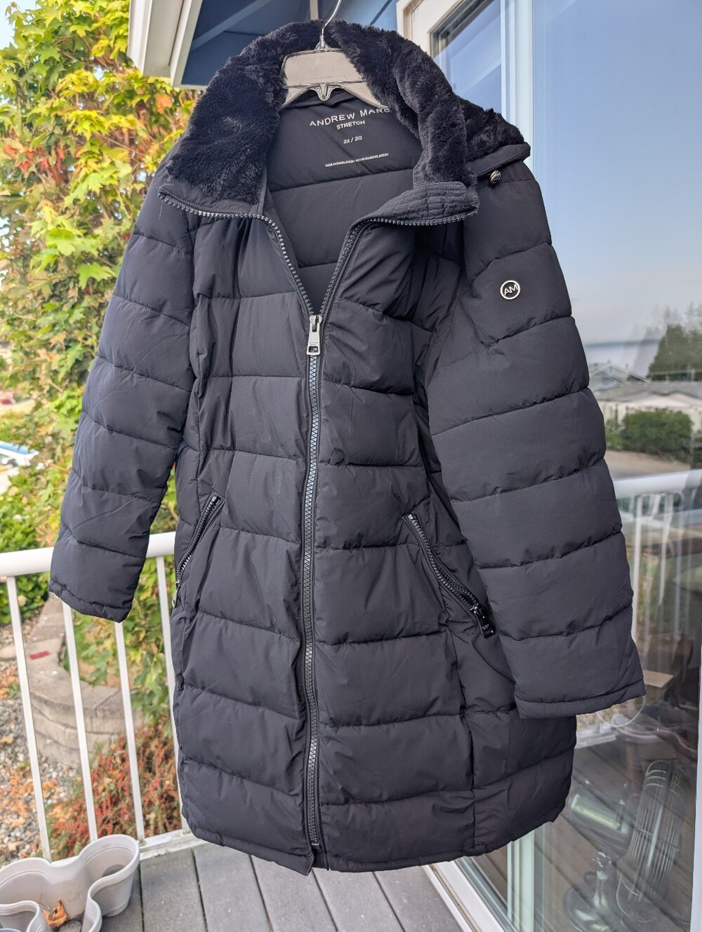 Andrew Marc Black Long Quilted Hooded Puffer